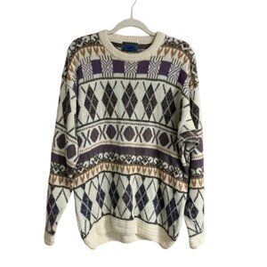 Etchings Men’s  Cream Purple Crochet Trim Pullover Y2K 90s Cosby Sweater EUC